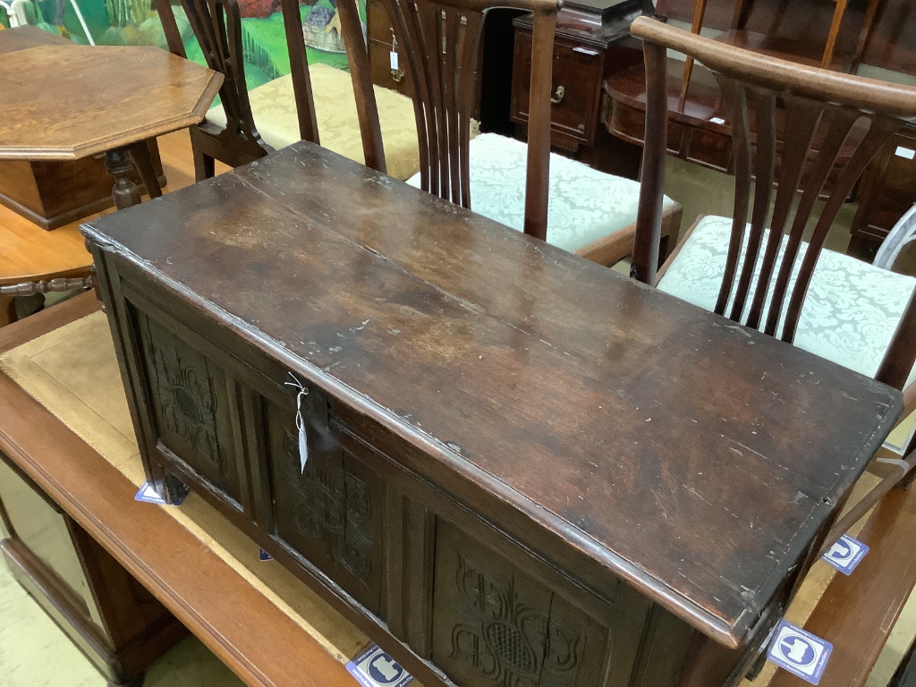 A 17th / 18th century oak coffer, width 114cm depth 47cm height 58cm